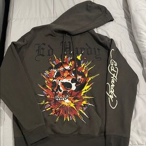 Ed Hardy Charcoal Skull Graphic Hoodie